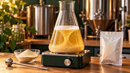Starter υγρής μαγιάς μπύρας σε φιάλη Erlenmeyer με stir plate