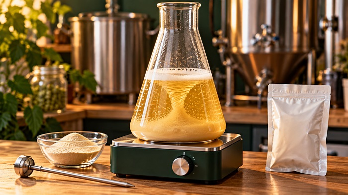 Starter υγρής μαγιάς μπύρας σε φιάλη Erlenmeyer με stir plate