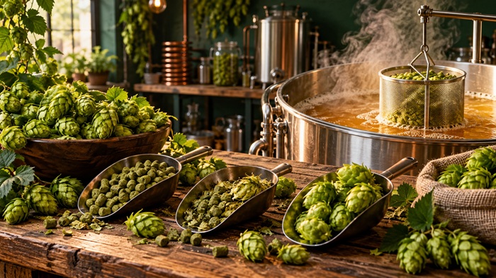 Λυκίσκος μπύρας σε κώνους και pellets για homebrewing